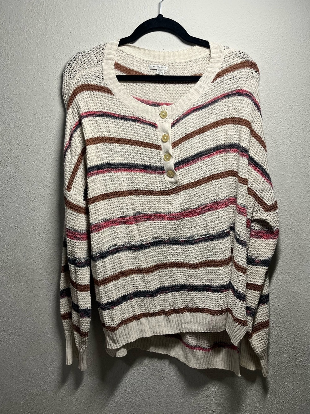 American Eagle Outfitters Cream Striped Henley Sweater with Brown, Pink & Navy